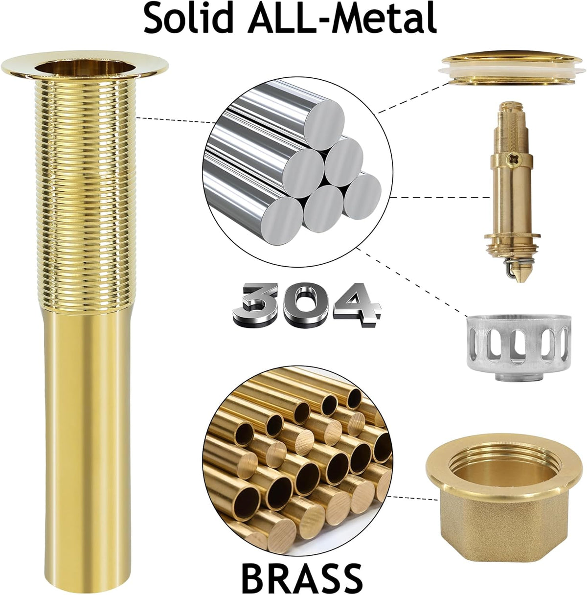 Bathroom Sink Drain,Drain Stopper Gold Stainless Steel Bathroom Sink Without Overflow,Small Cap Pop Up Drain Assembly with Detachable Strainer Basket,Built-in Anti-Clogging