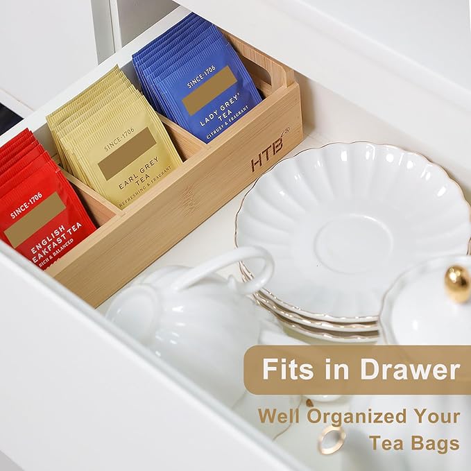 HTB Small Tea Bag Holder Pack of 2, Bamboo Tea Organizer 3 Compartments for Beverage Suppliers, Sweeteners, Individual Packets, Portable Tea Bag Organizer for Home Kitchen Counter or Office
