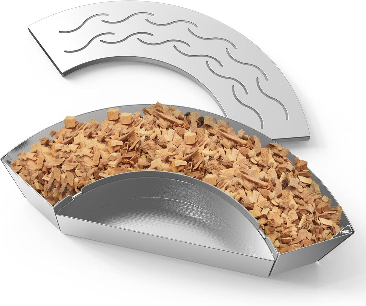 Onlyfire BBQ Smoker Box, Stainless Steel Fan-Shape Wood Chip Smoker Box with Removable Lid & Water Reservoir for Charcoal Grills, Kamado Grills - Add Smokey BBQ Flavor to Your Foods, Design Patent