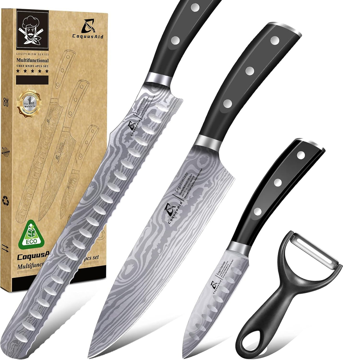 Essential Chef Knife Set, Professional Damascus Pattern Kitchen Knives Set 4 Pcs without Block, German Stainless Steel Sharp, for Bread, Meat Cutting, Fruits, Vegetable, Bbq, Home Cooking, Gift Box