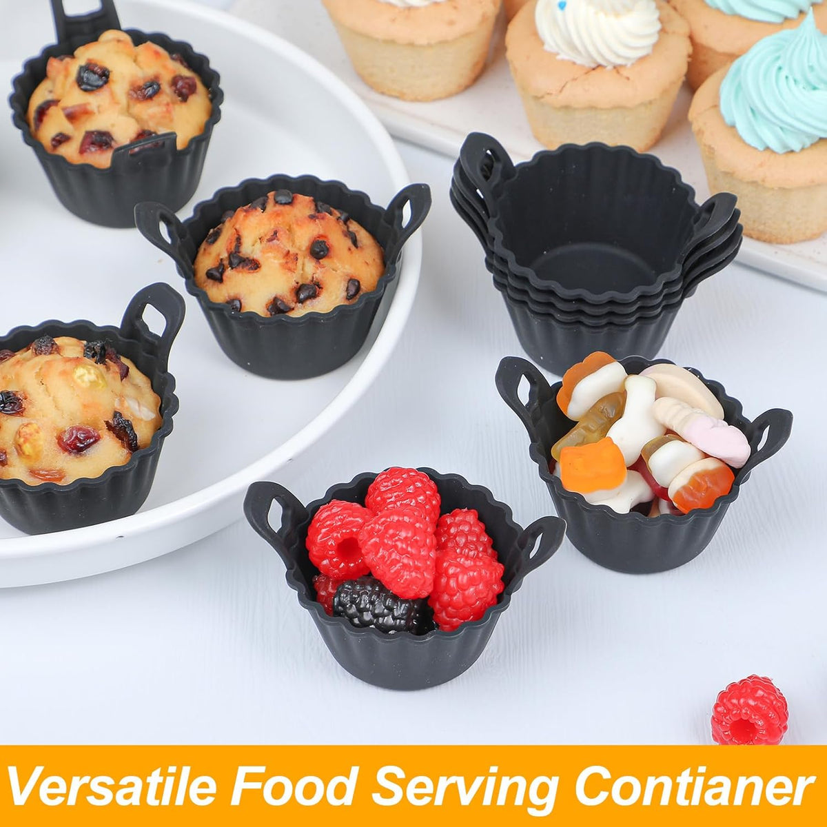 Koluti Reusable Silicone Baking Cups Set of 12, Nonstick Muffin Cupcakes Mold with Double Handle, BPA Free, Mini Round Air Fryer Cupcake Liners, Black