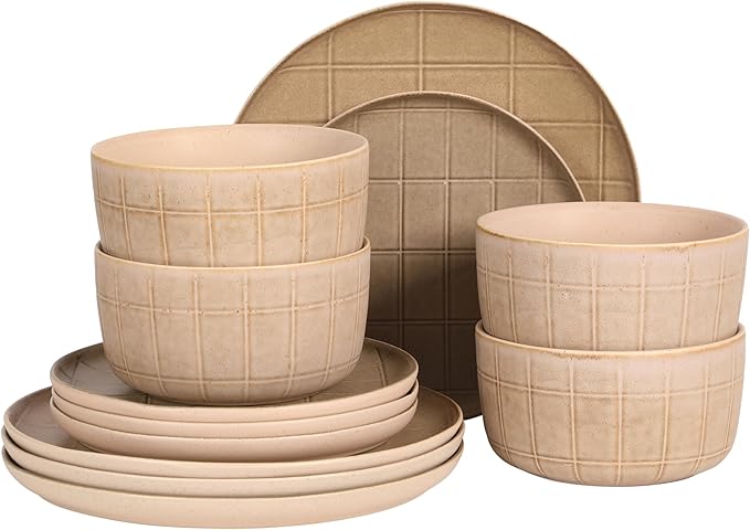 Gisbon Elite Butterwick 12 Piece Plates and Bowls Stoneware Dinnerware Set - Taupe Reactive Glaze Patterned Dishes - Microwave and Dishwasher Safe