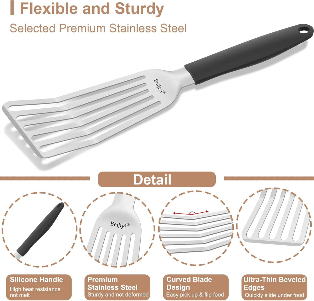 Beijiyi Stainless Steel Fish Spatula, 11.7" Small Metal Spatula for Cast Iron Skillet, Slotted Turner with Silicone Handle, Kitchen Cooking Flipper for Fish, Egg and Burger