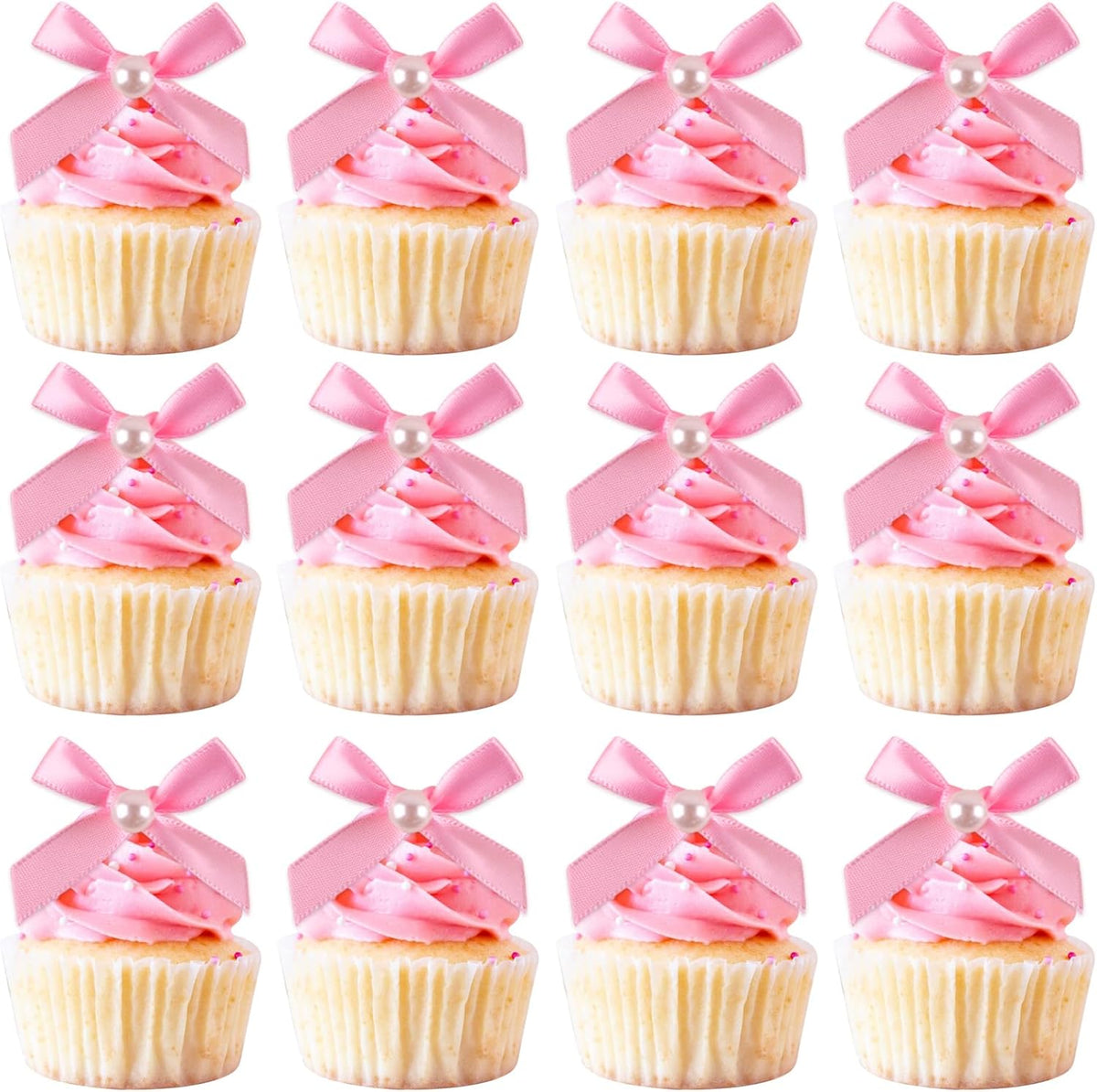 12 Pcs Mini Pink Pearl Bow Cake Toppers Pearl Bows Cake Decorations Ribbon Bowknot Birthday Cupcake Topper Pearls Bow Knot Ornament for Bachelorette Birthday Engagement Wedding Party Supplies