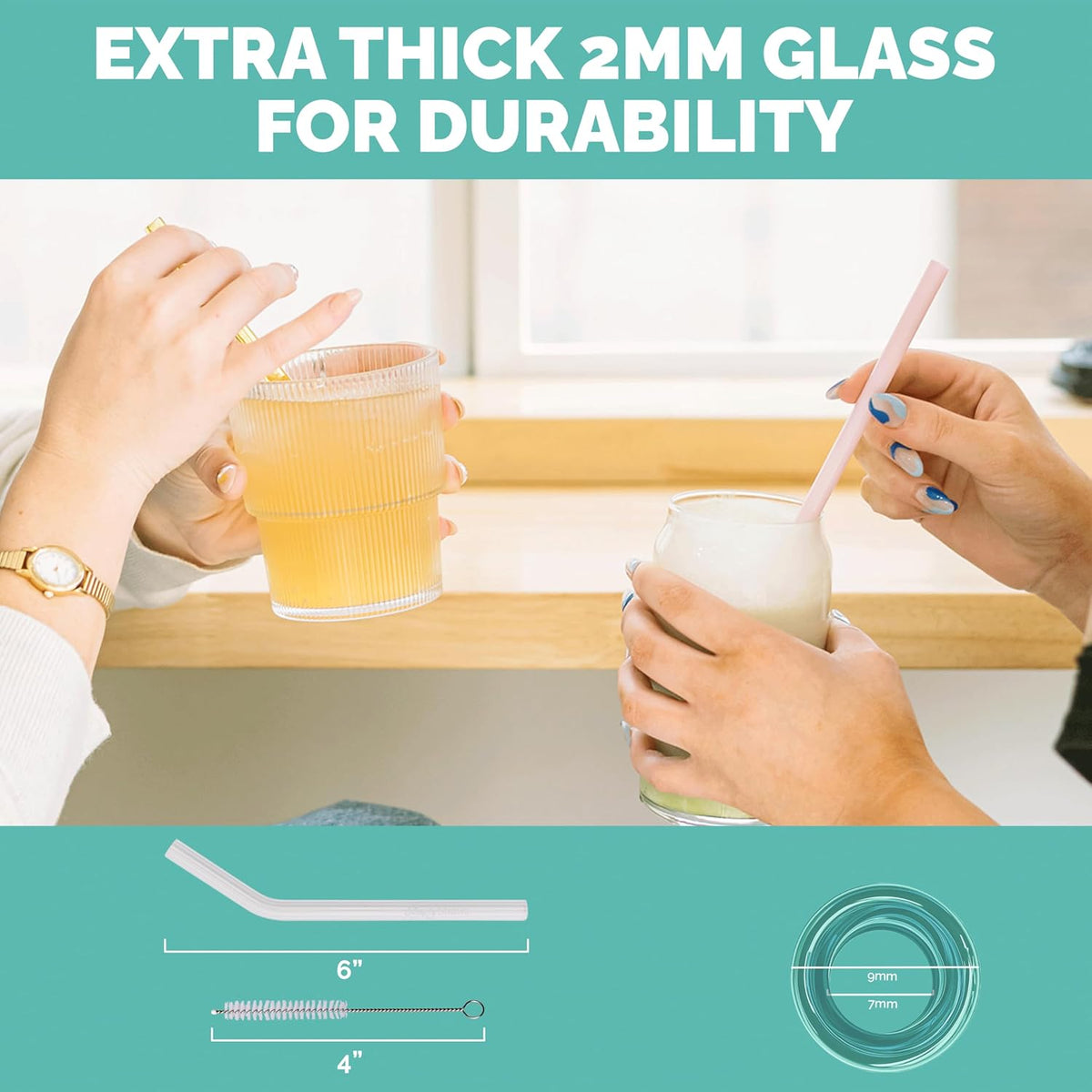 Simply Straws 6 Inch Glass Straws Bent (6-Pack) – Reusable Glass Straws for Low Balls & Stemless Glasses, with Cleaning Brush – Dishwasher Safe, Hot & Cold Use, BPA-Free (Air)