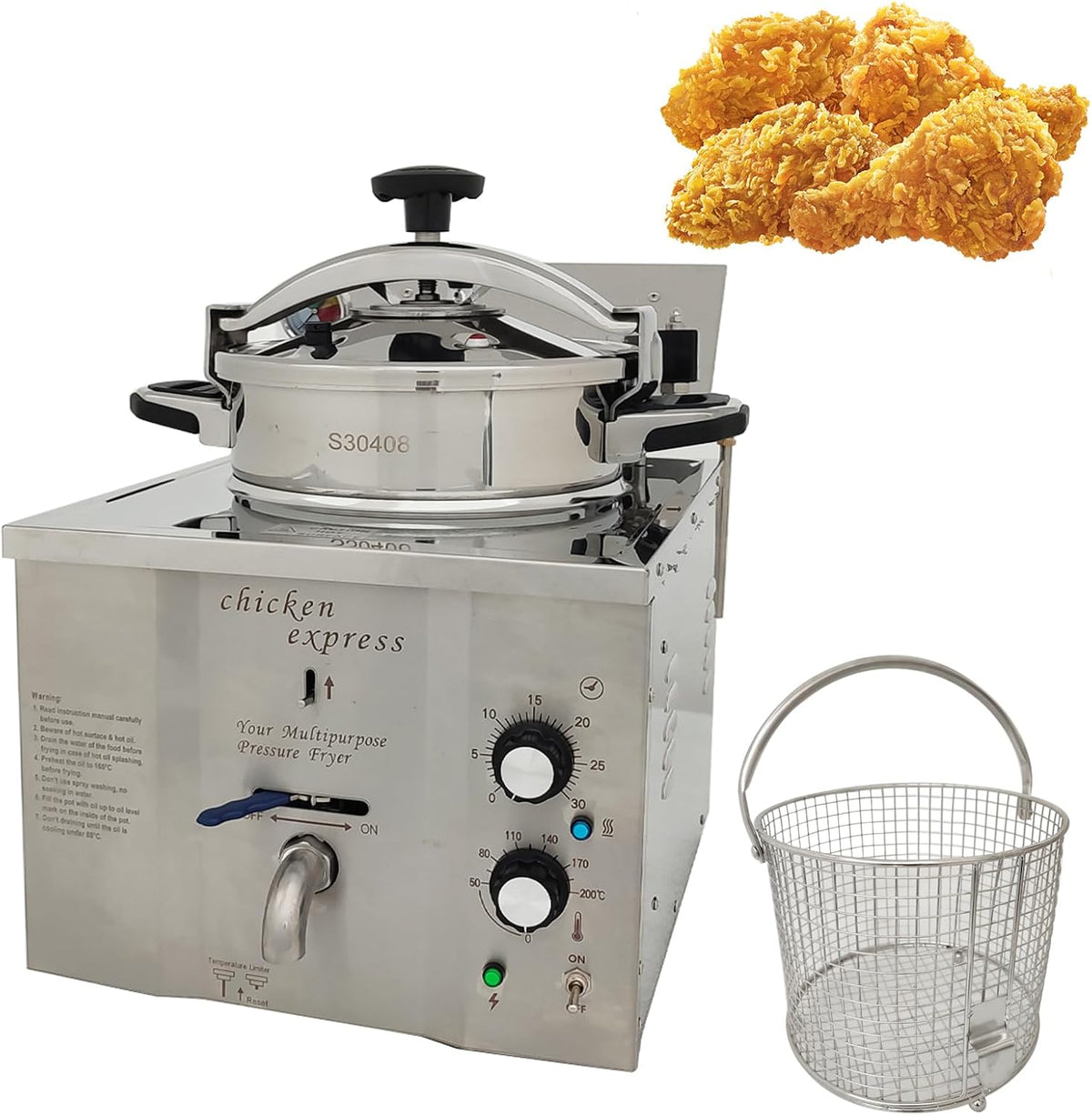 110V 16L Commercial High Pressure Fried Chicken Stove 2.4KW Electric Countertop Pressure Fryer Stainless Steel Kitchen Frying Machine for Snack Bar Restaurant