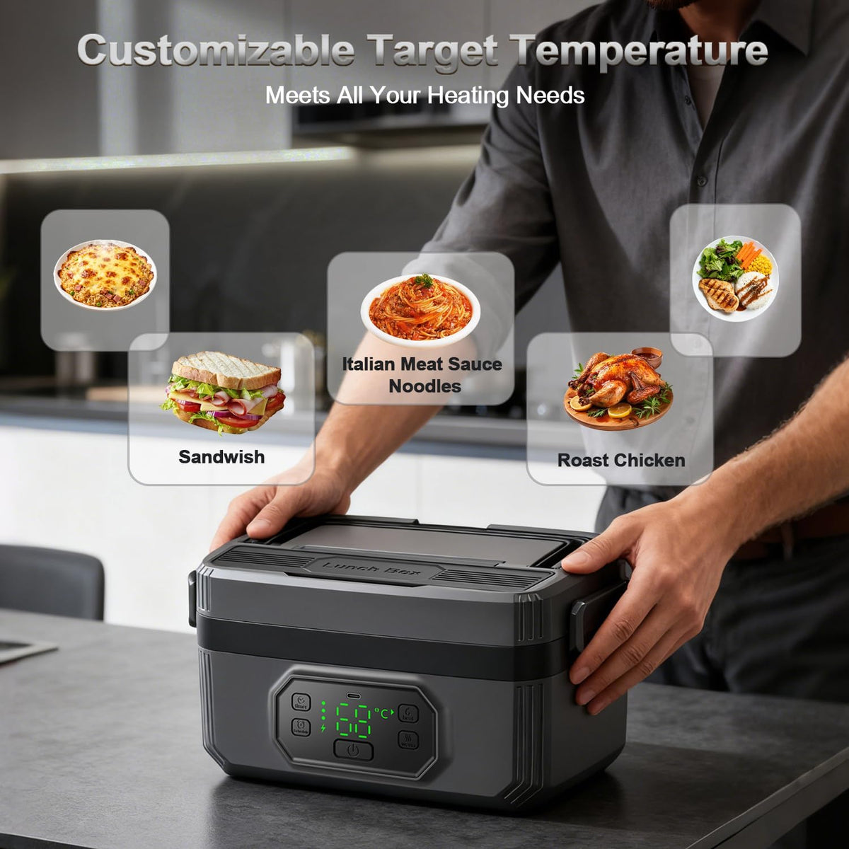 1.2L Cordless Electric Lunch Box - 21000mAh Heated Lunch Box Battery Powered with Automatic Heating, 9-Timer & 5-Temp Setting, Leakproof 304 Stainless Steel Container, Perfect for Office/Truck/Outdoor