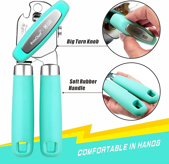 PrinChef Can Opener Manual, Can Tin Bottle Opener with Magnet - No-Trouble-Lid-Lift, Handheld Can Opener Smooth Edge with Sharp Blade, Heavy Duty and Easy to Use, for Seniors with Arthritis, Lake Blue