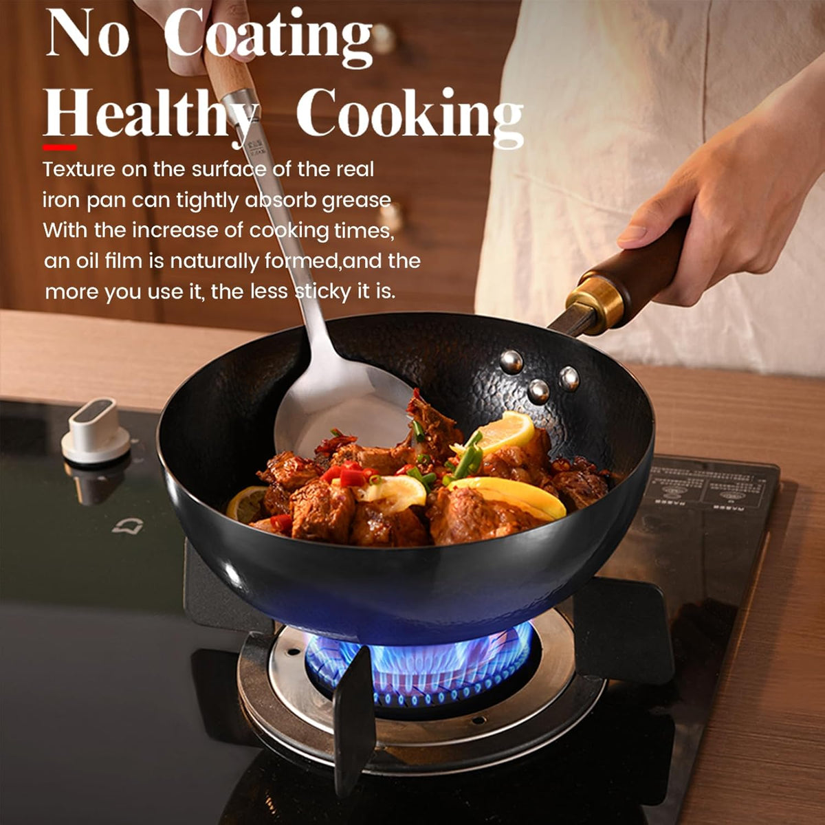 Carbon Steel Wok Pan, 10.2 “ Woks & Stir-Fry Pans with Wooden Lid Cookwares, Nonstick Wok, No Chemical Coated Flat Bottom Hand Hammered Chinese Wok For for Electric, Induction, for All Stoves