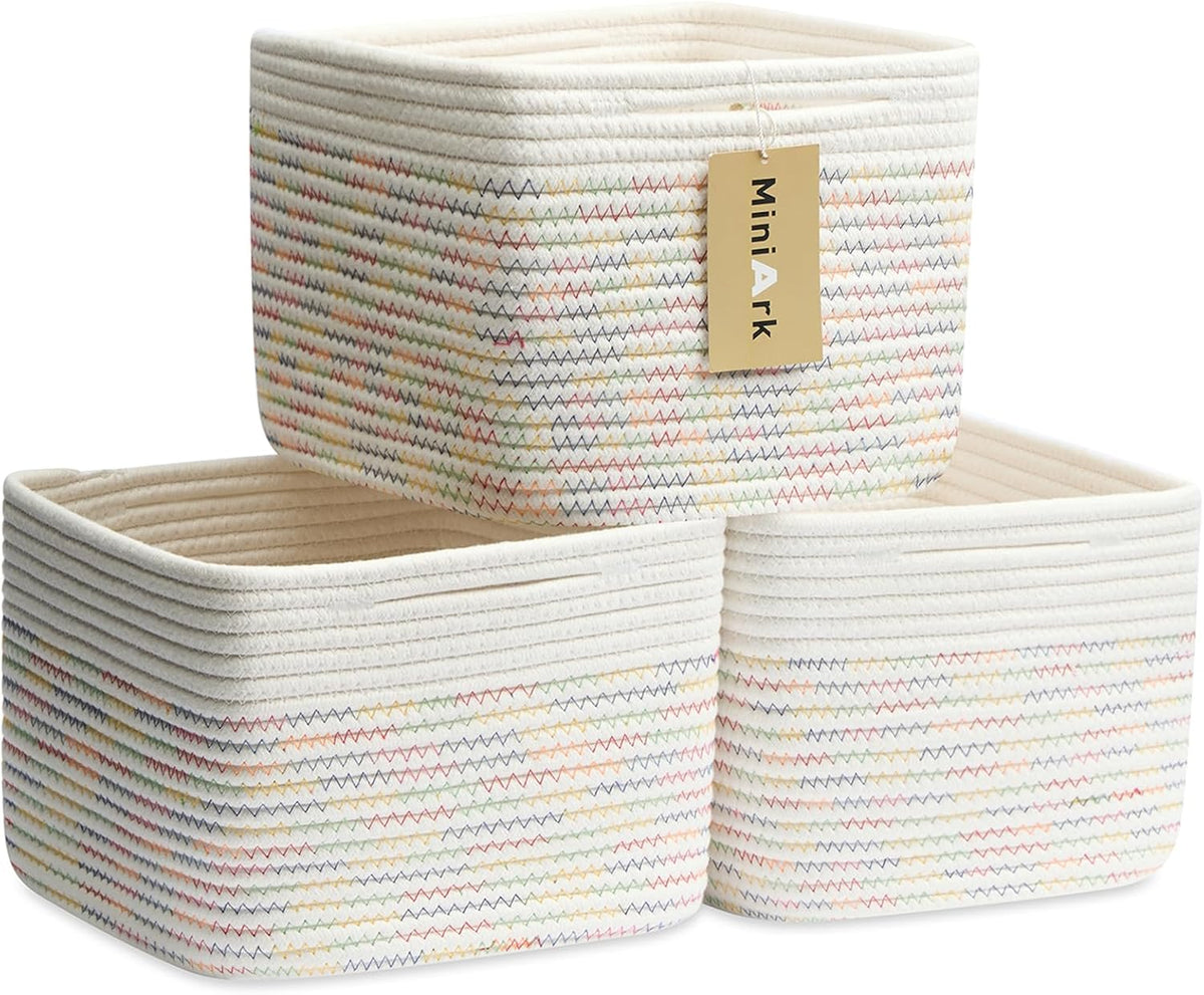 Small Organizing Baskets for Cubes Shelf, 9.7x9.7x7.1 Inch Rope Woven Storage Bins for Nursery Shelves Storage, Cute Toy Basket, Square 3 Packs Off White Rainbow