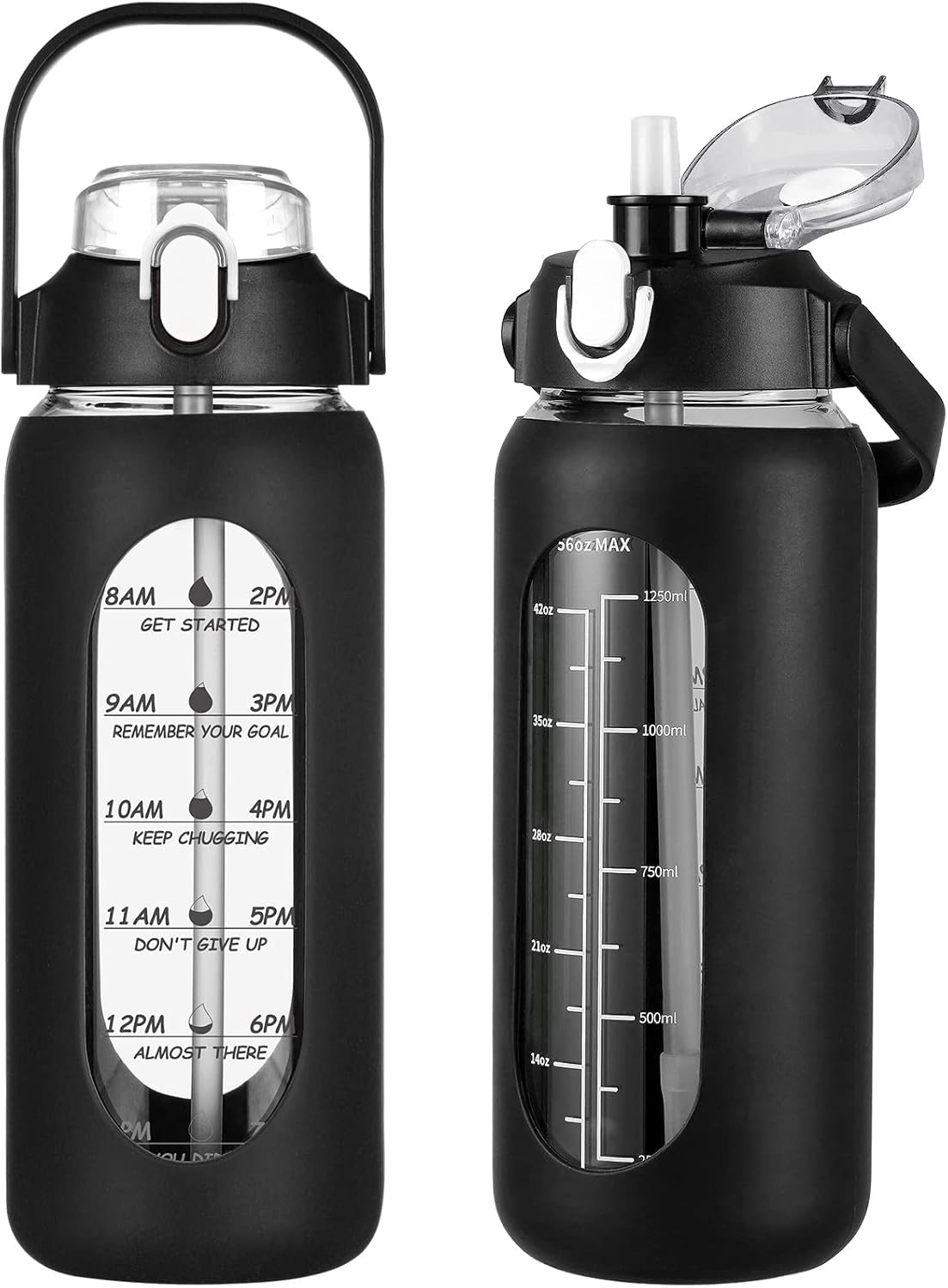 kytffu 56oz Glass Water Bottles with Straw, Motivational Glass Bottle with Silicone Sleeve and Time Marker, Leakproof Large Glass Water Jug for Gym Home Office, Black.