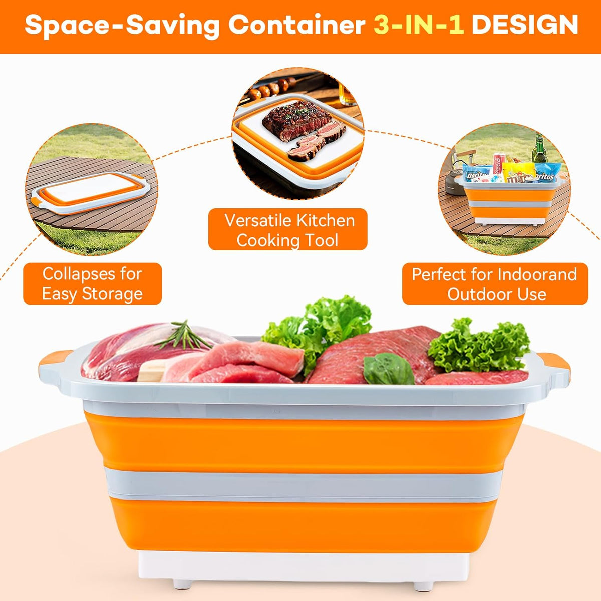 Collapsible BBQ Prep Tub with Cutting Board & Lid – 7.95 Gal / 30L Space-Saving Food Container – BPA-Free Heavy-Duty Plastic, Dishwasher Safe with Drain Hole – Offset Smoker, Backyard & Grilling
