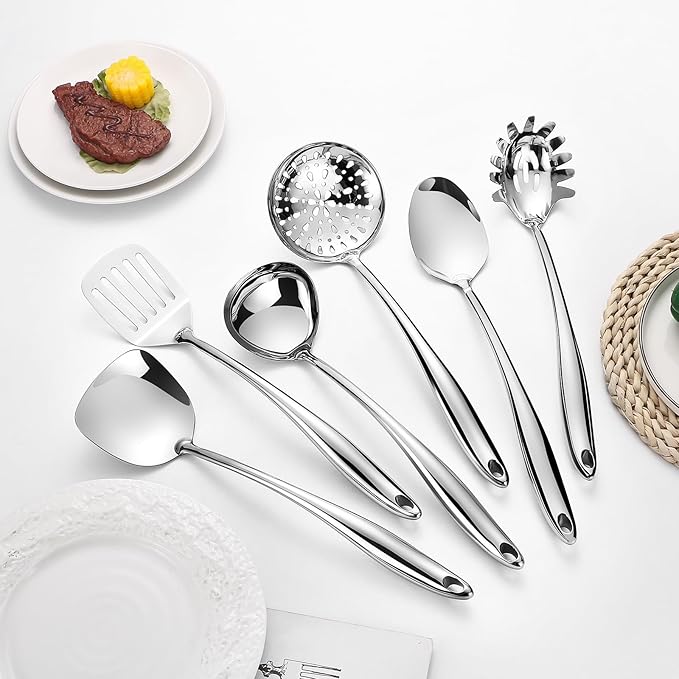 304 Stainless Steel Cooking Utensils Set,6 Pcs Long Metal Kitchen Utensils Set with Spatula, Solid Spoon, Ladle, Skimmer, Spaghetti Spoon,Dishwasher Safe
