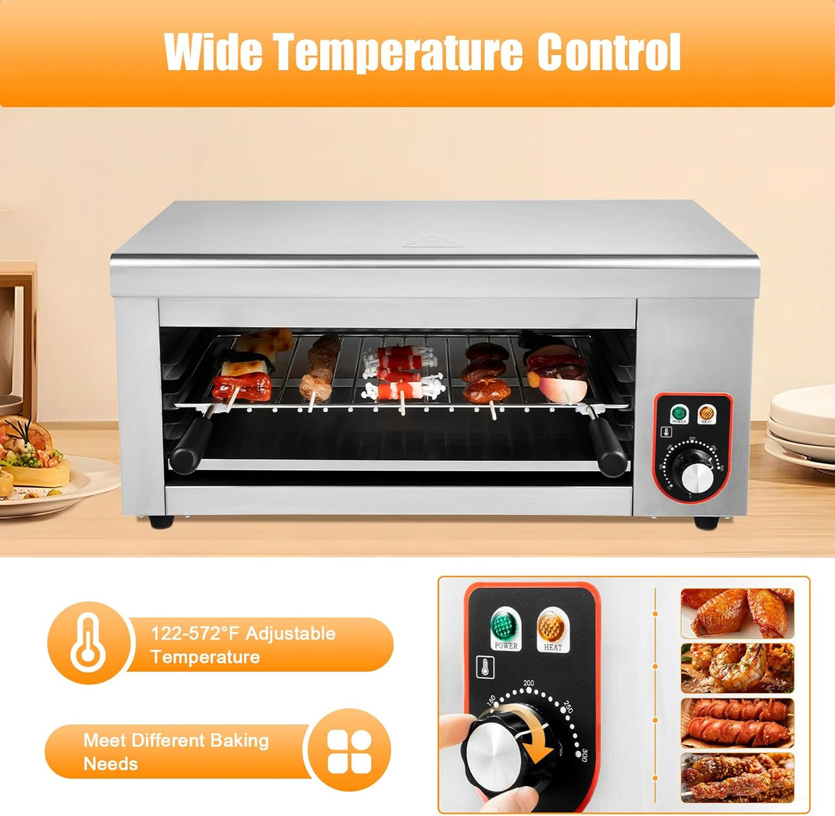 1500W Electric Cheese Melter Commercial Cheese Melter Cheesemelter Grill 122-572°F Stainless Steel Countertop Salamander Broiler Toaster Oven Silver