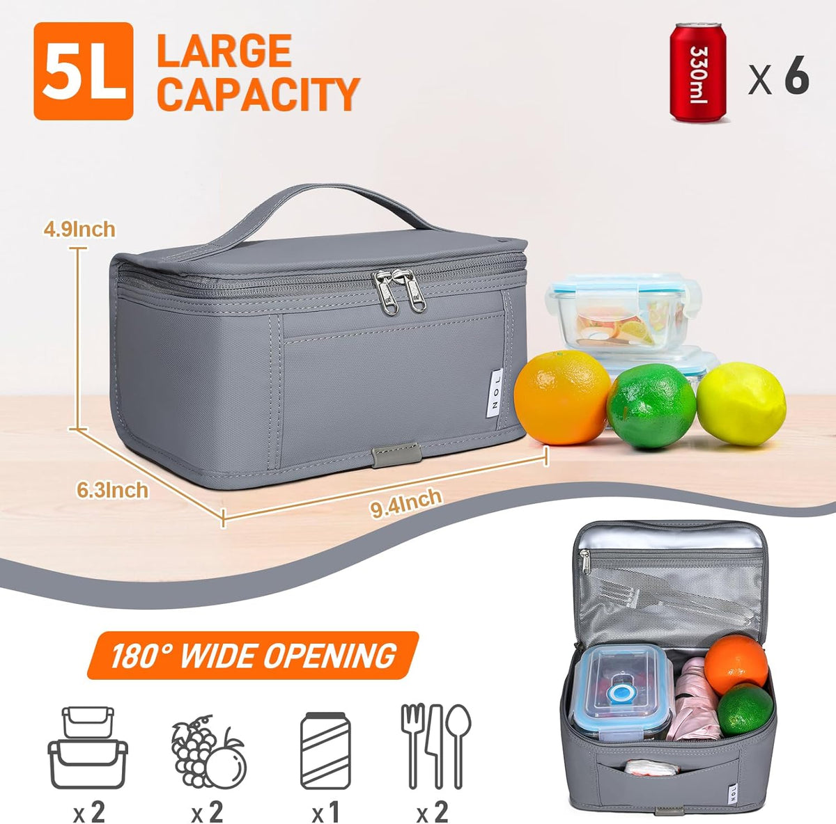 NOL Natural Organic Lifestyle Small Lunch Bag Mini Lunch Box Insulated Lunch Bag for Men/Women Leakproof Cooler Tote Bag Lightweight Nylon Waterproof Lunch Box For Work,Light gray