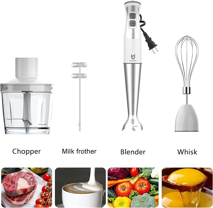 Immersion Hand Blender, UTALENT 5-in-1 8-Speed Immersion Blender with 500ml Food Grinder, 600ml Container,Milk Frother,Egg Whisk,Puree Infant Food, Smoothies, Sauces and Soups - White