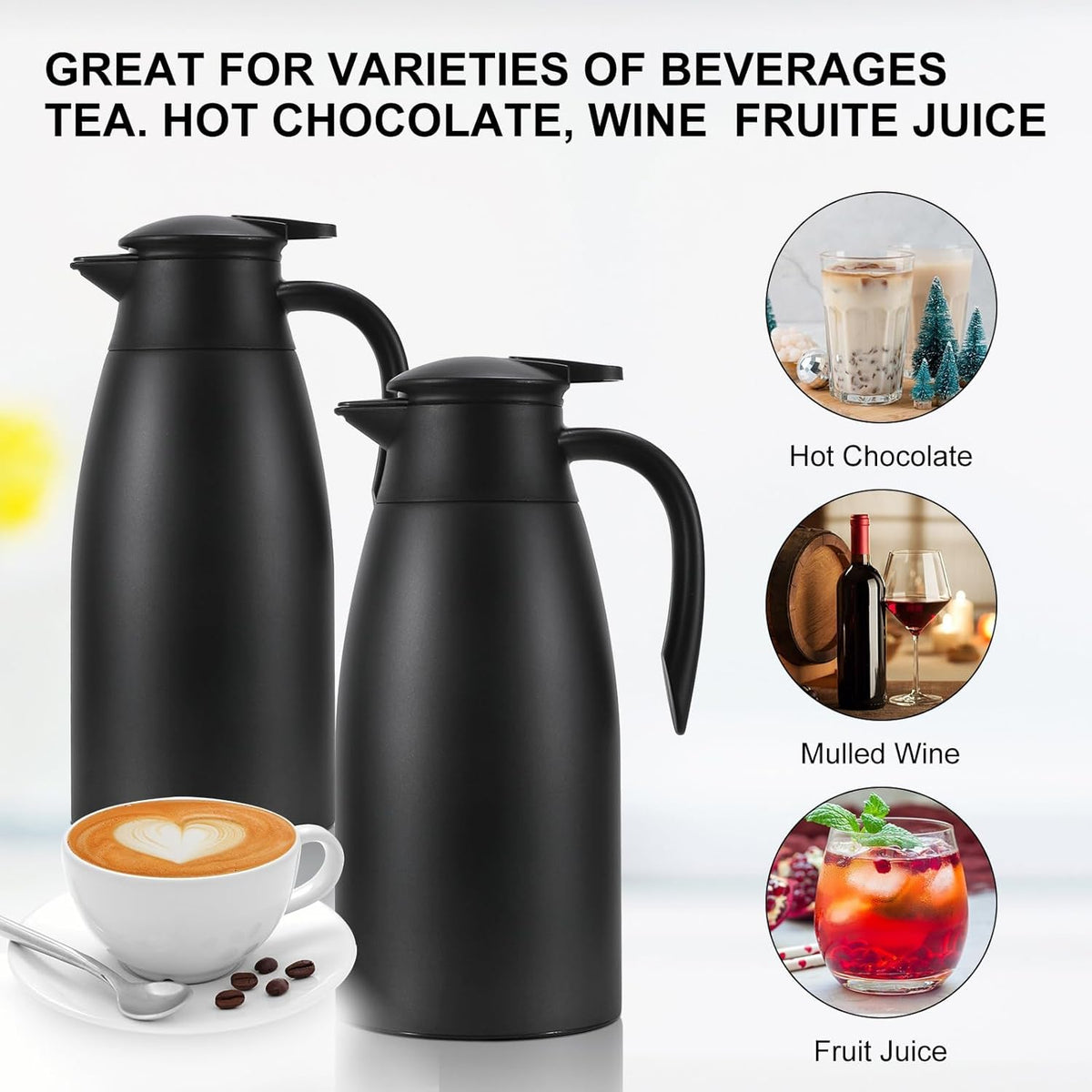 70 oz Thermal Coffee Carafe, Updated 2 PCS Insulated Stainless Steel Coffee Carafes for Keeping Hot Coffee & Water Hot Beverage-12Hours, Double Walled Vacuum Coffee Carafe(Black+Red)