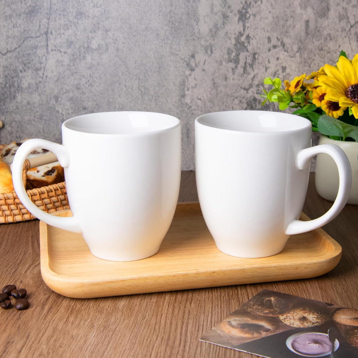 Set of 2 Durable 16 oz Coffee Cups, Large White Coffee Mugs with Ergonomic Handle, Ceramic Mugs Dishwasher & Microwave Safe, Ideal Tea Mugs for Home, Office, Gifts (Coffee, Tea, Hot Cocoa, Latte Cup)