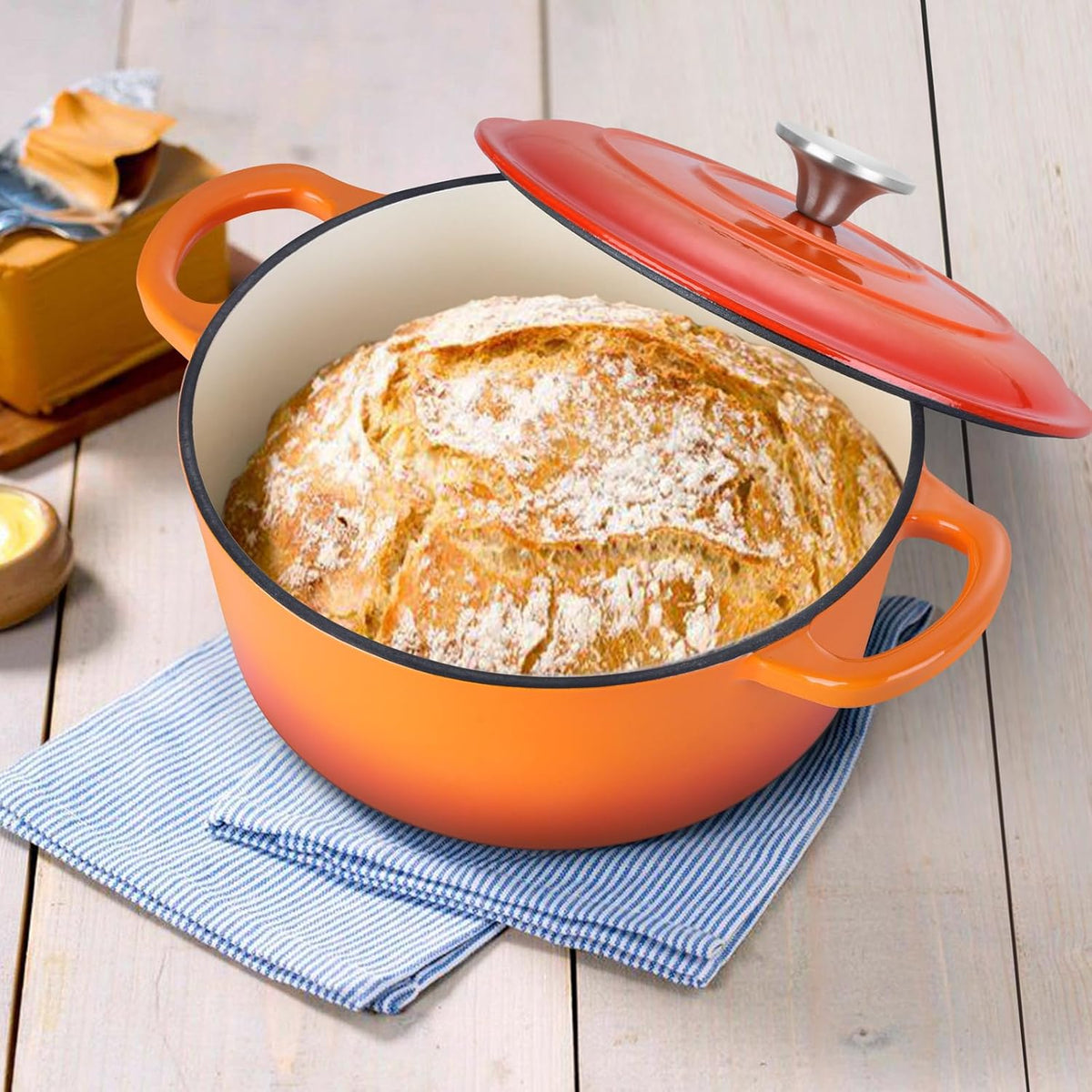 E-far 3 Qt Enameled Cast Iron Dutch Oven with Lid, Small Round Nonstick Dutch Oven Pot for Bread Baking Braising Stews Roasting Cooking, Heavy Duty, Induction & Oven Safe - Orange