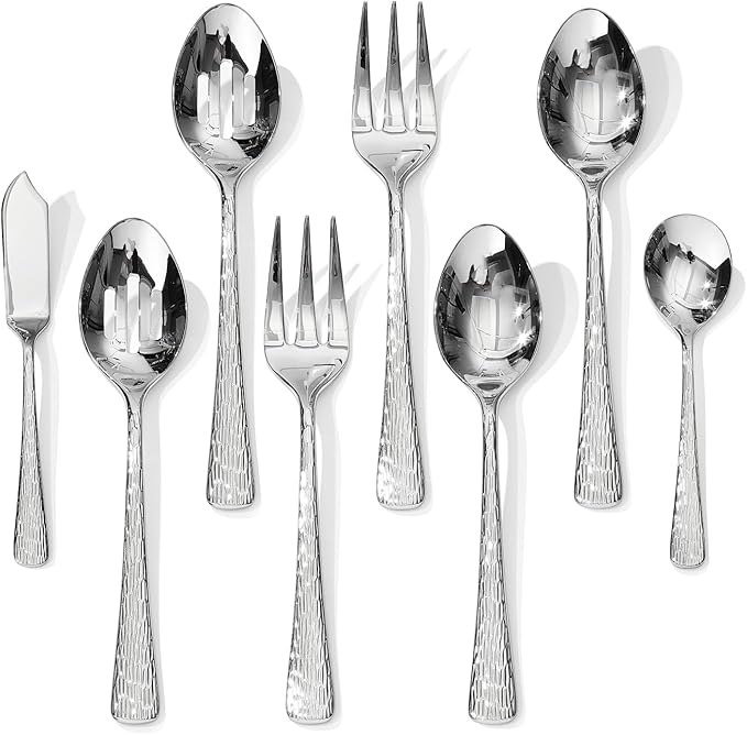 KINGSTONE Hammered 8-Piece Serving Utensil Set, 18/10 Stainless Steel Flatware for Catering, Party Include Spoons, Slotted Spoon, Fork, Butter Knife - Mirror Finish & Dishwasher Safe