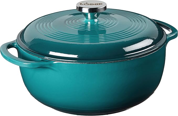 Lodge 4.5 Quart Enameled Cast Iron Dutch Oven with Lid – Dual Handles – Oven Safe up to 500° F or on Stovetop - Use to Marinate, Cook, Bake, Refrigerate and Serve – Lagoon