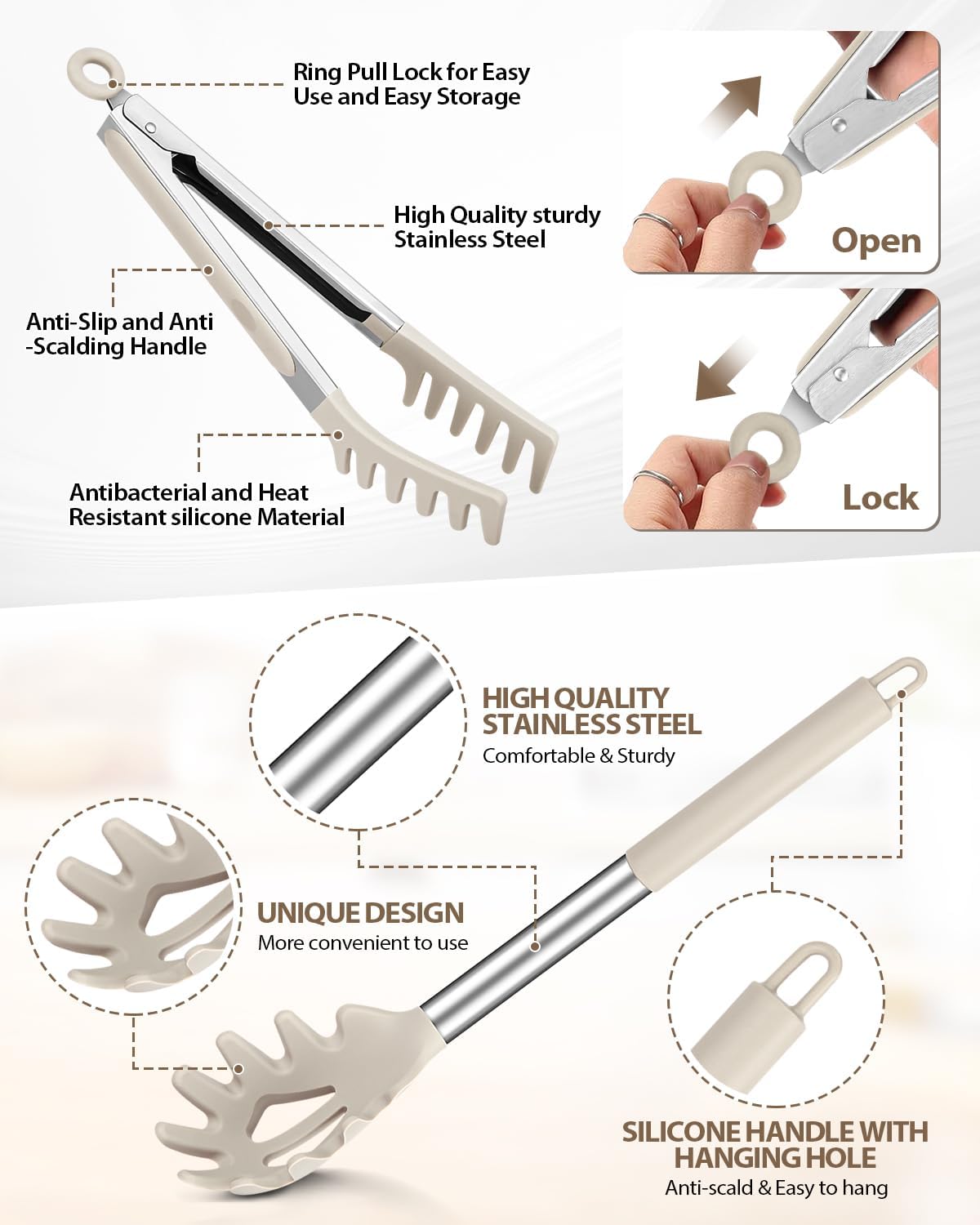 Spaghetti Spoon and Pasta Tong, Non-stick Silicone Spoon Server Fork with teeth and Stainless Steel Handle Spaghetti Tong, Food Clip for Spaghetti Noodle (KHAKI)