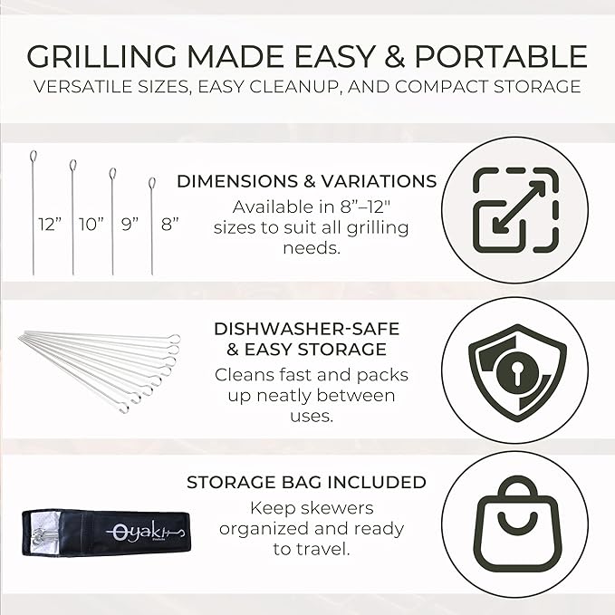 O-Yaki Flat Metal Kabob Skewer for Grilling – Set of 8 BBQ Skewers Stainless Steel with Storage Bag, Dishwasher Safe Skewers with Hook Handle & Sharp Tip for BBQ, Cookouts & Oven Use – 12 Inch