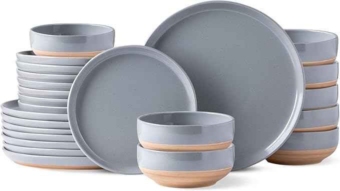 AmorArc Ceramic Dinnerware Sets for 8, 24 Pieces Handpainted Plates and Bowls Set with Rustic Terracotta Underside, Scratch Resistant Stoneware Dishes Set, Dishwasher & Microwave Safe