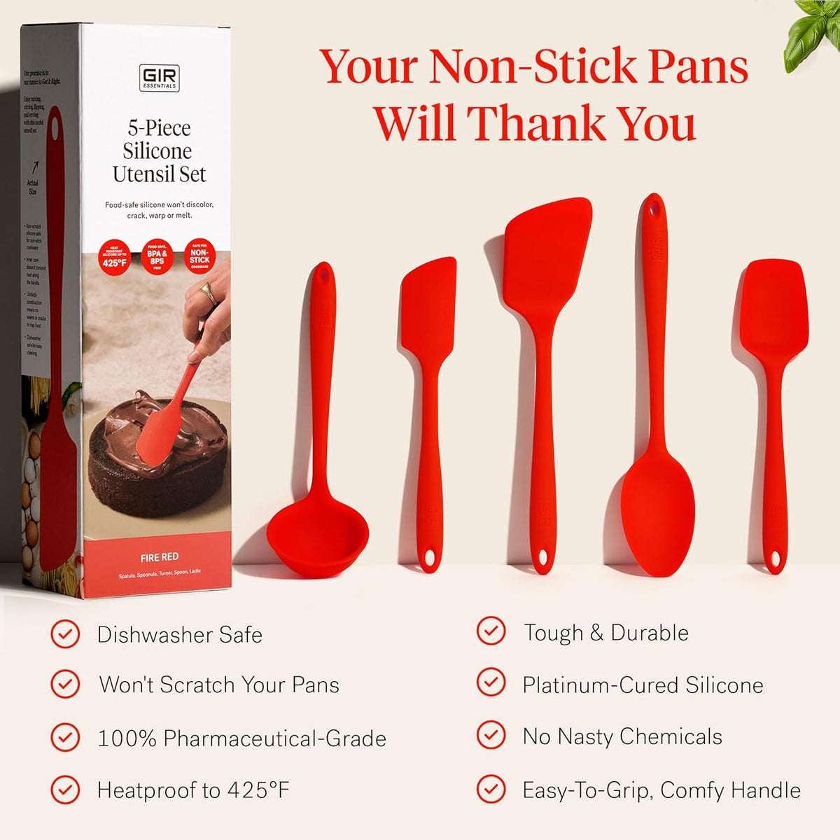 GIR: Get It Right 5-Piece Silicone Essentials Kitchen Utensils Set - Ladle, Spatula, Flip, Spoon & Spoonula - Non-Toxic Cooking Utensils for Nonstick Cookware, Cooking and Baking - Fire Red