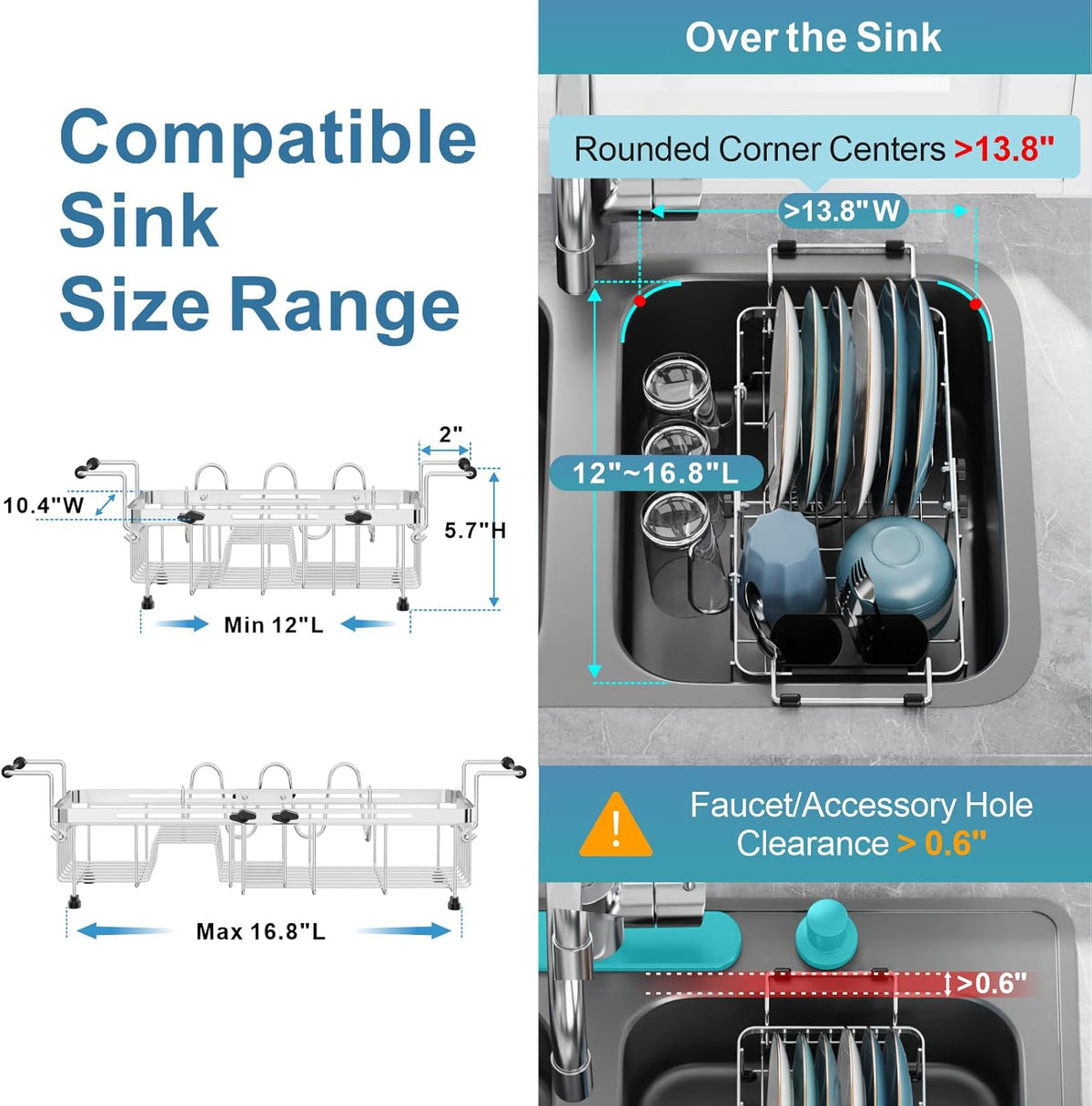 GSlife Expandable in Sink Small Dish Drying Rack - Stainless Steel Capacity Adjustable Over The Sink Dish Rack with Cup Holder and Utensil Holder, 12"~16.8" L x 10.4" W, Silver