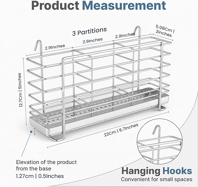 KESOL 304 Stainless Steel Utensil Drying Rack with Hooks & 3 Divided Compartments, Silverware Drying Basket, Spoon and Fork Organizer, Rustproof Kitchen Drainage Basket Accessories, Silver, 2x8.7x5