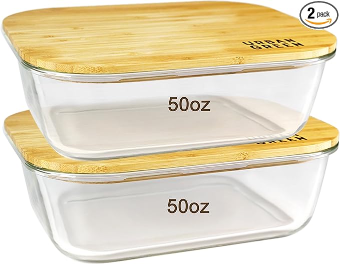 Urban Green Glass Container with Bamboo Lid, 2 Pack of 50oz, Large Glass food storage Container with Lids, Meal Prep Containers Set of 2