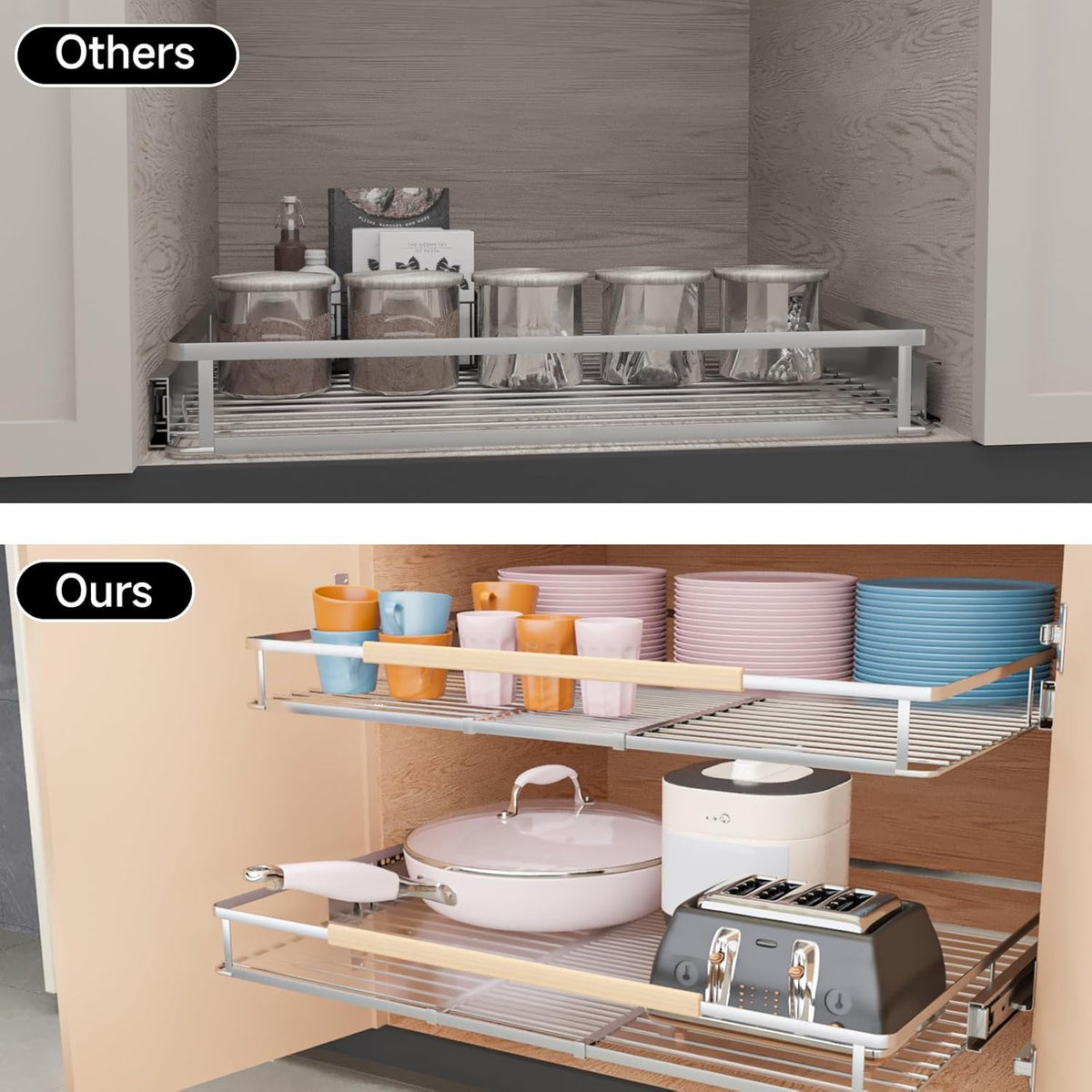2Pack Expandable Pull Out Cabinet Organizer, Slide Out Drawers for Kitchen Cabinets, Heavy Duty Drawer Slides for Home Kitchen Pantry Cupboard Pots Pans, Adjustable Width 11.8"~18" W x 17.3''D