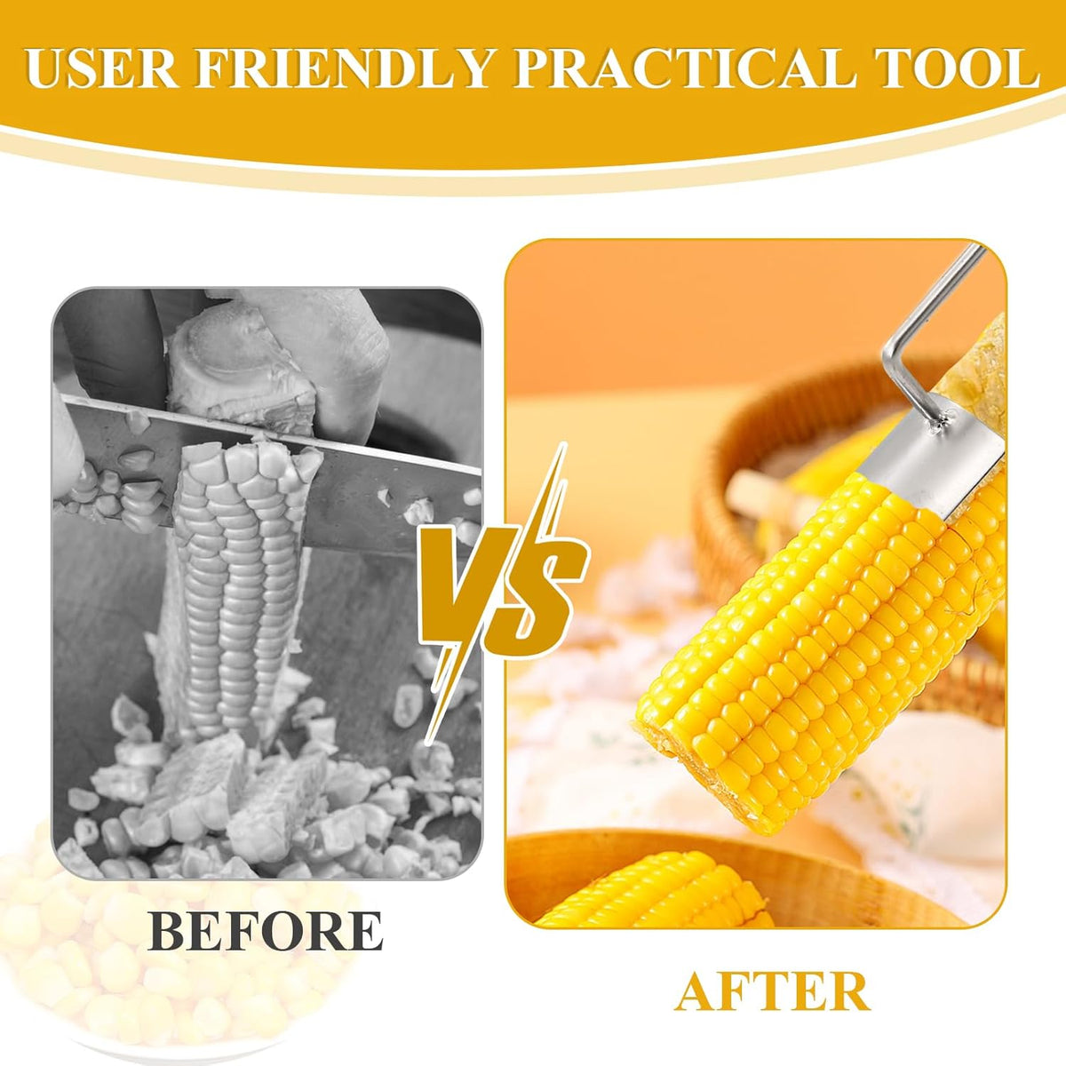 Stainless Steel Corn Peeler and Stripper Set, 2 Pcs Long Handle Corn Cutter for Kitchen and Outdoor Dining