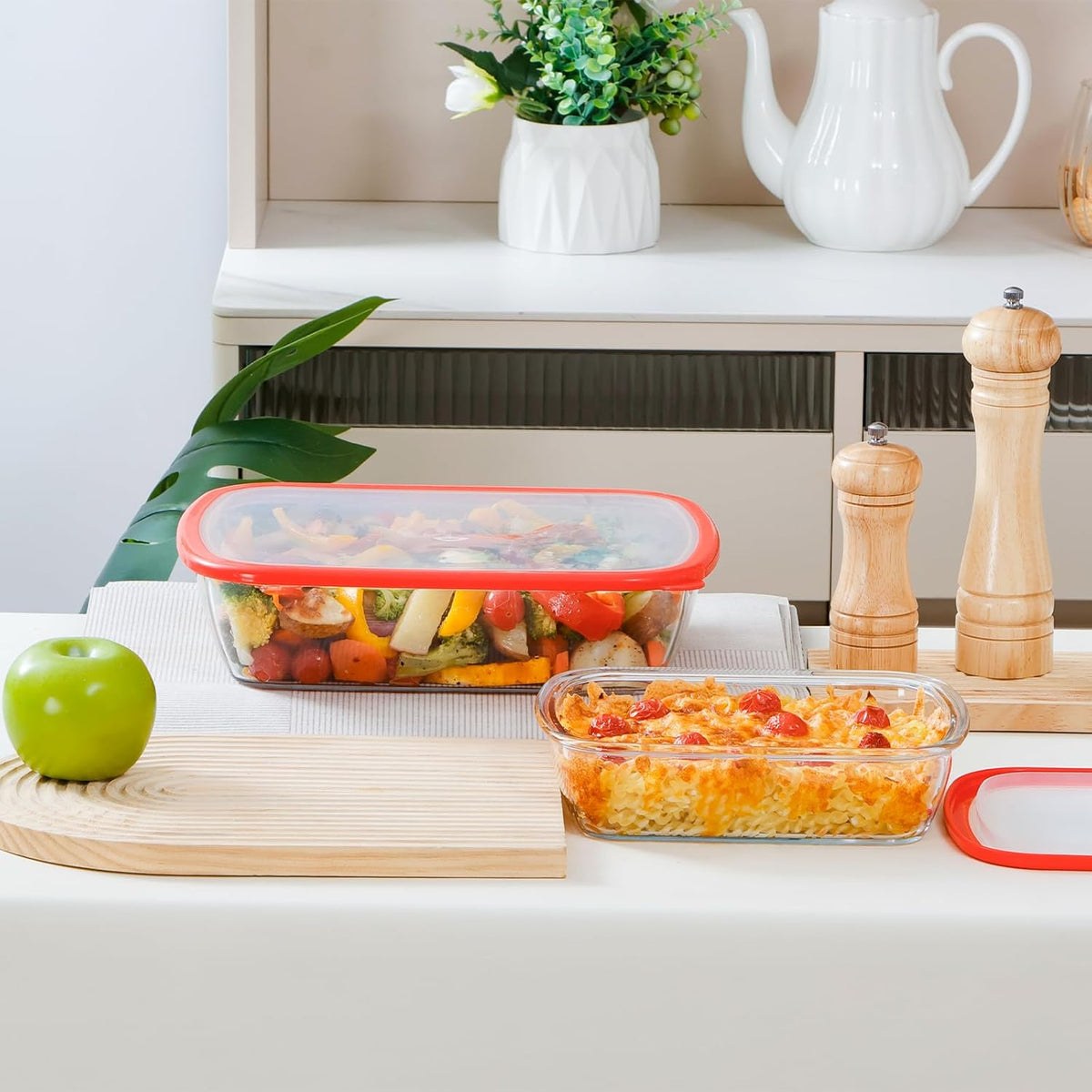 NUTRIUPS 2-Piece 9x11 & 9x6 Rectangular Glass Baking Dish with Lid Set, Deep Baking Pan, Oven Dishwasher and Microwave Safe (Tempered Glass, 1.3 QT, 3.2 QT)