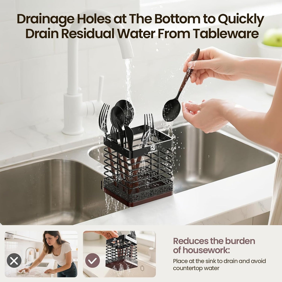 Extra Large Utensil Holder for Kitchen Counter, Matte Black Metal Cooking Utensil Caddy Organizer with Wooden Draining Base, Countertop Spatula Cutlery Storage with Silicone Dish Drying Mat