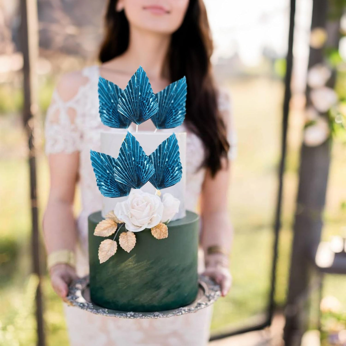 Gyufise 6Pcs Paper Palm Fan Cake Toppers Palm Spear Leaves Fan Cupcake Toppers Cake Insert Decorations Craft DIY Cake Bakeware Decoration for Birthday Party Wedding Party Decor Supplies Light Blue
