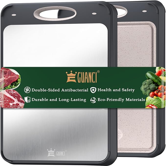 GUANCI Cutting Board for Kitchen Double Sided 304 Stainless Steel Chopping Board Food-Grade Stainless Steel and Wheat Straw PP Samll Size 14’’×9.6’’ Easy to Clean