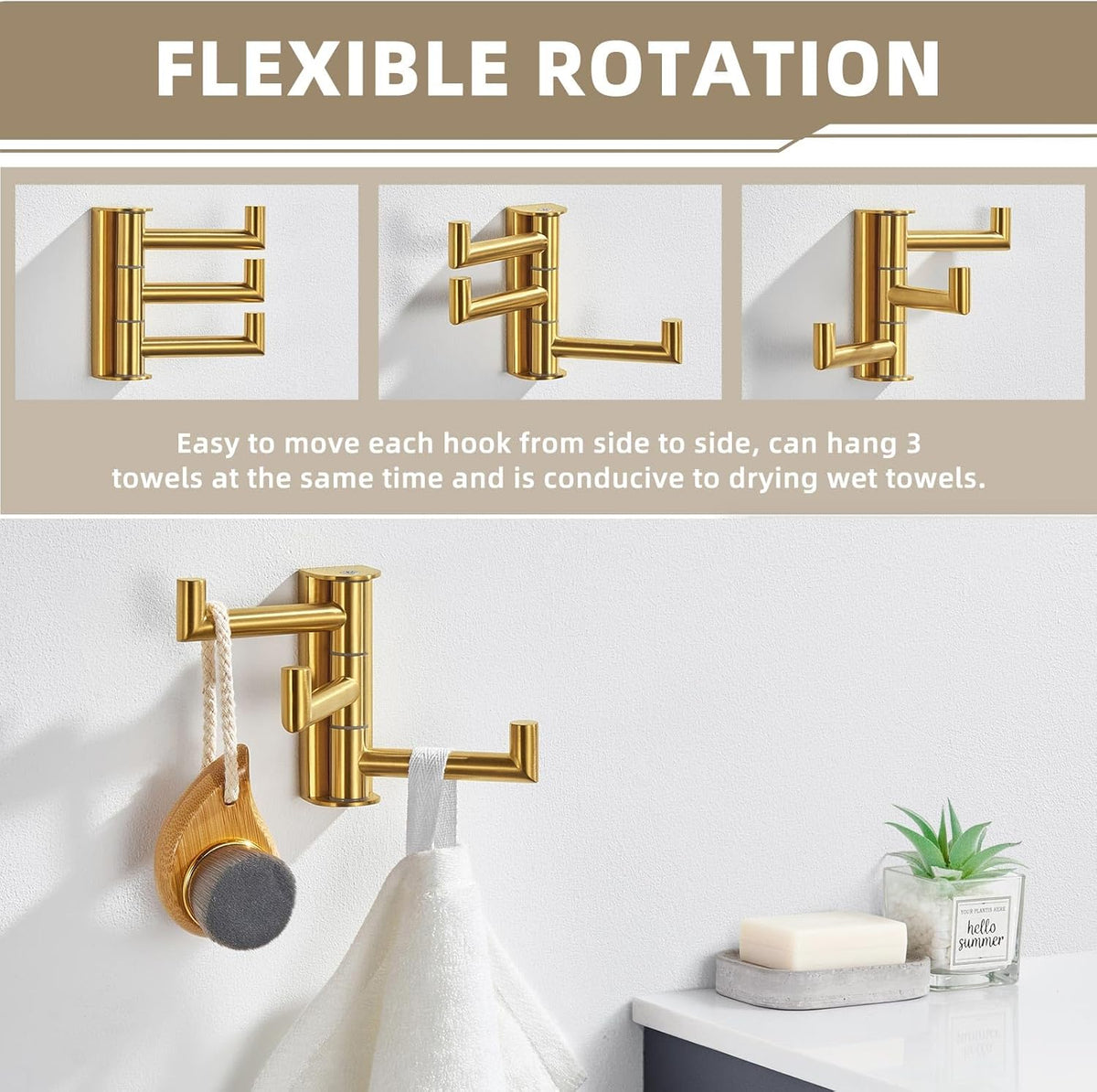 Suyar Brushed Gold Towel Hook, SUS 304 Stainless Steel Bathroom Coat Robe Holder with 3 Swivel Arms, Wall Hook for Kitchen Entry Garage