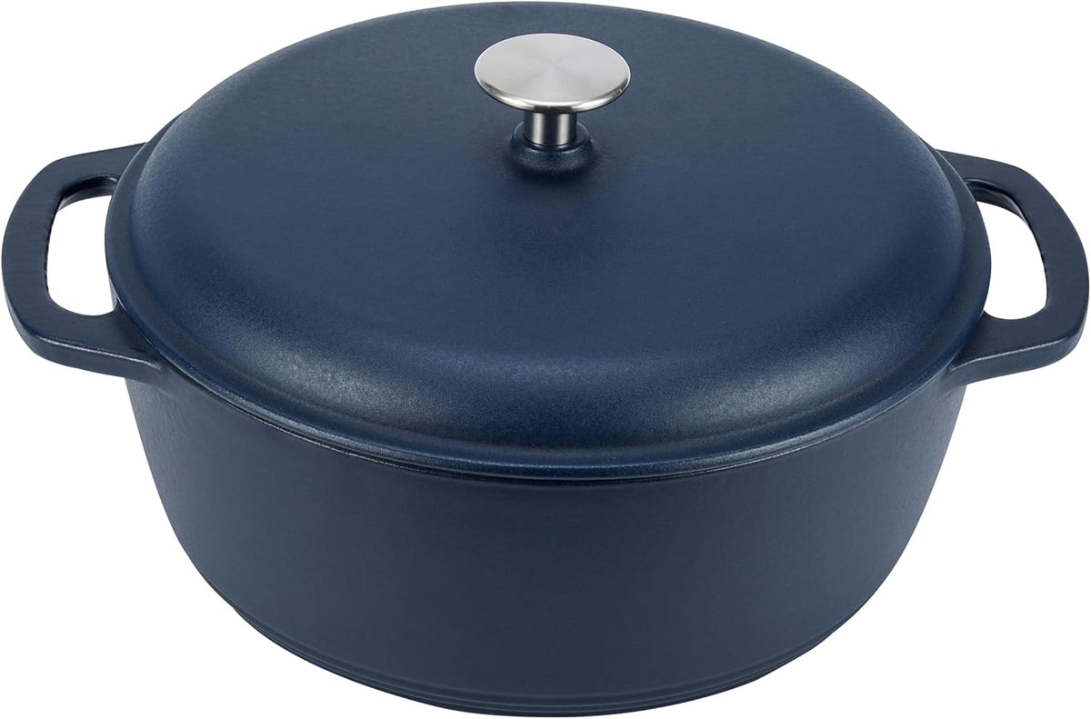 Amazon Basics Cast Iron Dutch Oven Pot with Lid, Enameled, Round, Dual Handles, Heavy-Duty, Medium, 6-Quart, Matte Navy