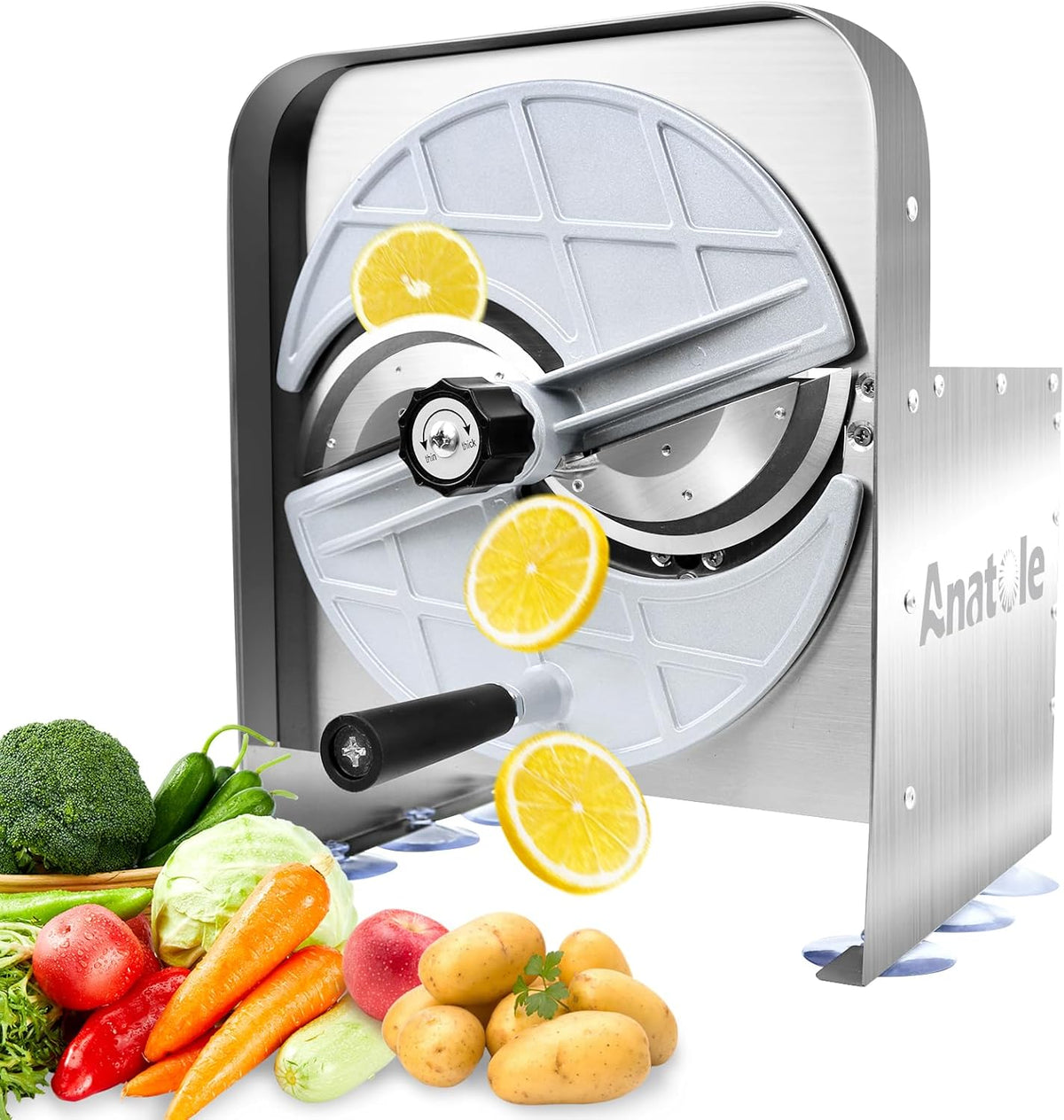 Anatole Commercial Vegetable Slicer Stainless Steel 0-0.4'' Thickness Adjustable Manual Veggie Fruit Cutter for Tomato Onion Potato Cabbage Lime Orange