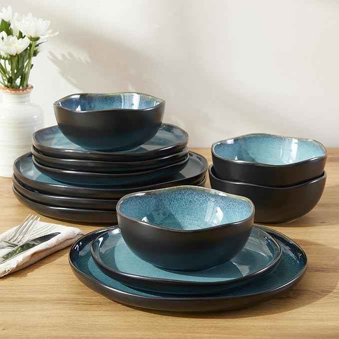 Stoneware Dinnerware Sets, Kitchen Plates and Bowls Set, Ceramic Dish Set for 4, Modern Chip & Scratch Resistant Dishware Sets, Durable Reactive Glaze Dinner Set, Green Black