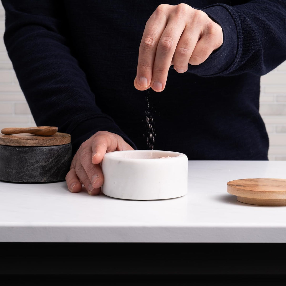 Cork & Mill White Marble Salt Cellar with Acacia Wood Lid and Spoon - Elegant Modern Handcrafted Container for Countertop - Keeps Spices Dry - Wide 4” Salt Pig with Non-Skid Feet