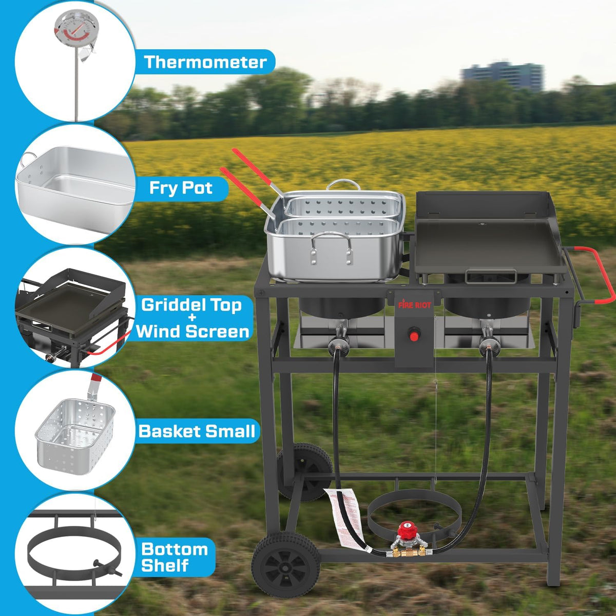 Outdoor Propane Deep Fryer and Griddle Combo, Portable 2-in-1 Cooking Station with Double Burner Propane Stove and Wheels, Ideal for Outdoor BBQ, Camping, and Tailgating