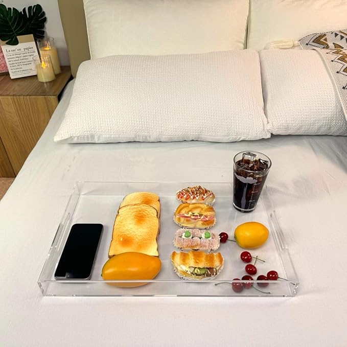 Clear Sturdy Acrylic Serving Tray with Handles-12x20Inch-Serving Coffee,Appetizer,Breakfast,Butler-Kitchen Countertop Makeup Drawer Organizer-Vanity Table Ottoman Tray-Decorative Tray
