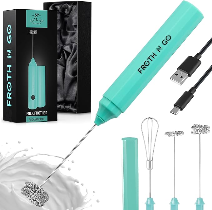 Zulay Froth N Go Milk Frother – Rechargeable 3-in-1 Handheld Frother Wand with Travel Case & USB-C Charger – Single, Double & Egg Whisk for Latte, Cappuccino, Matcha, Protein Shakes – Aqua