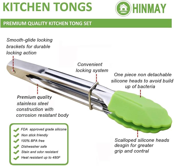 Mini Tongs with Silicone Tips 7 Inches Silicone Cooking Tongs, Set of 3 (Green)