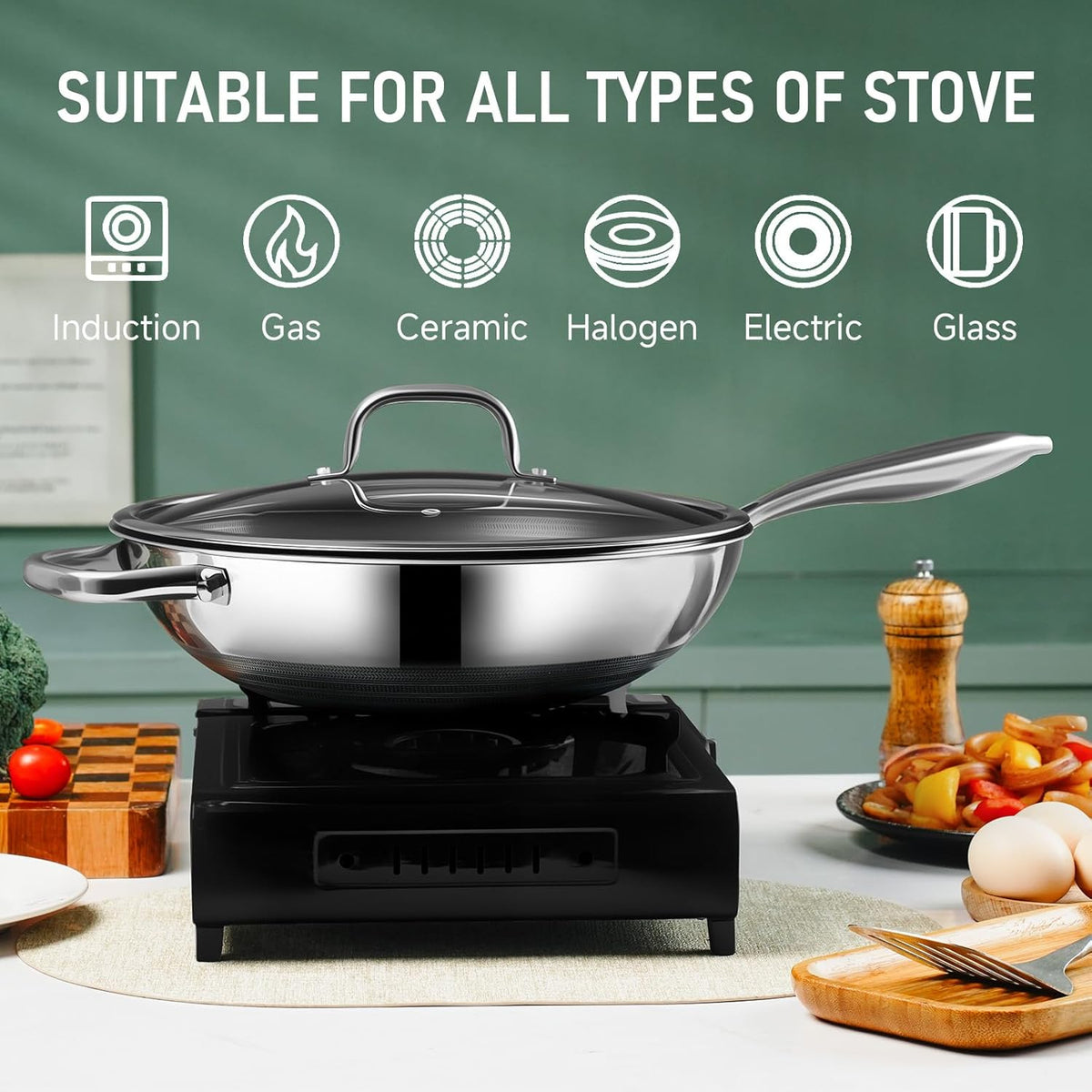 Hybrid 12-Inch Wok with Lid,Nonstick Stainless Steel Woks & Stir-fry pans,Stay-Cool Handle,PFOA Free Cookware,Dishwasher and Oven Safe,Compatible with All Cooktops