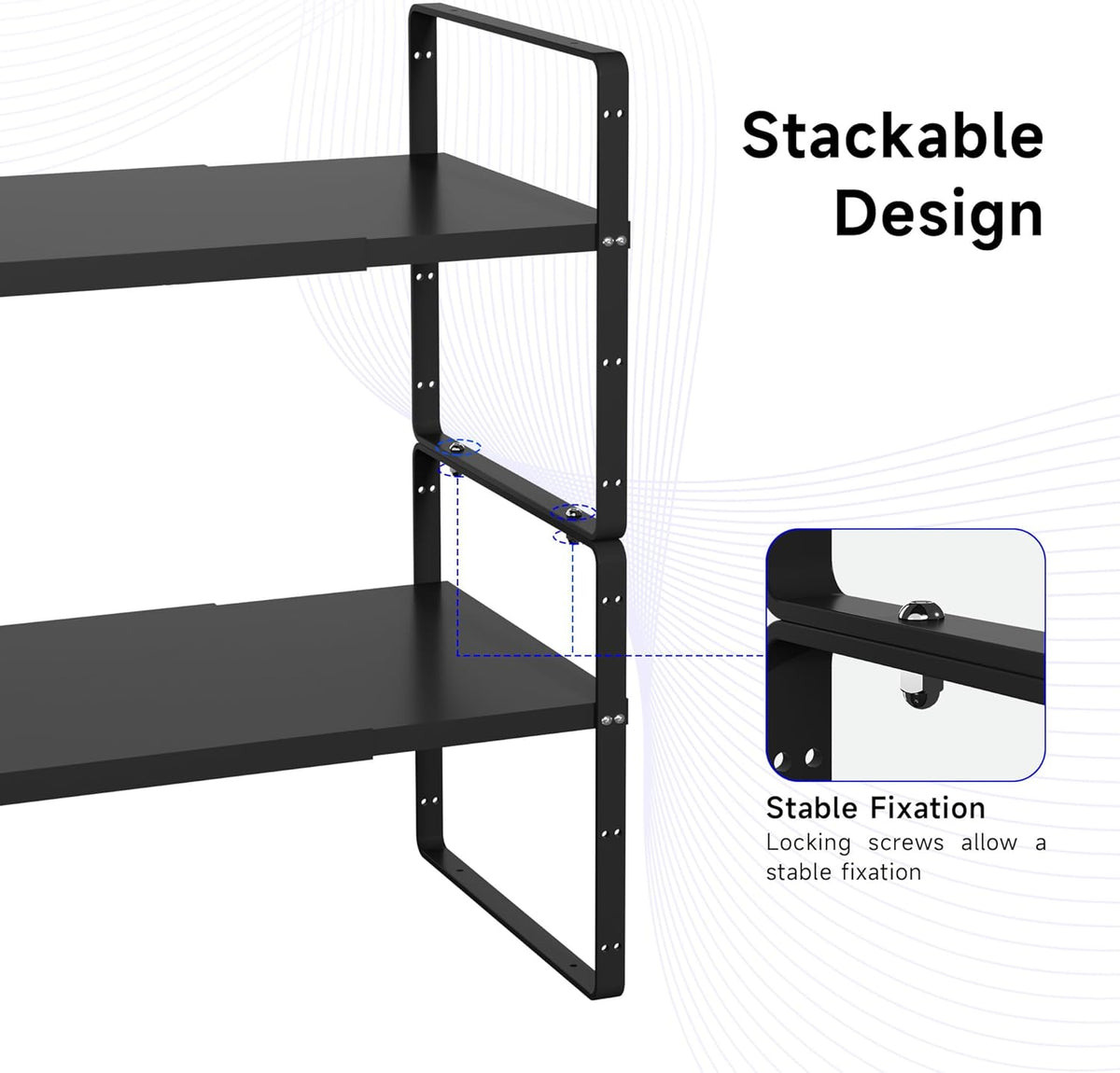 Expandable Cabinet Shelf Organizer, Stackable Kitchen Pantry Counter Storage, Adjustable Cupboard Stand Rack Risers Spice Organization Heavy Duty Black Small 3 Pack