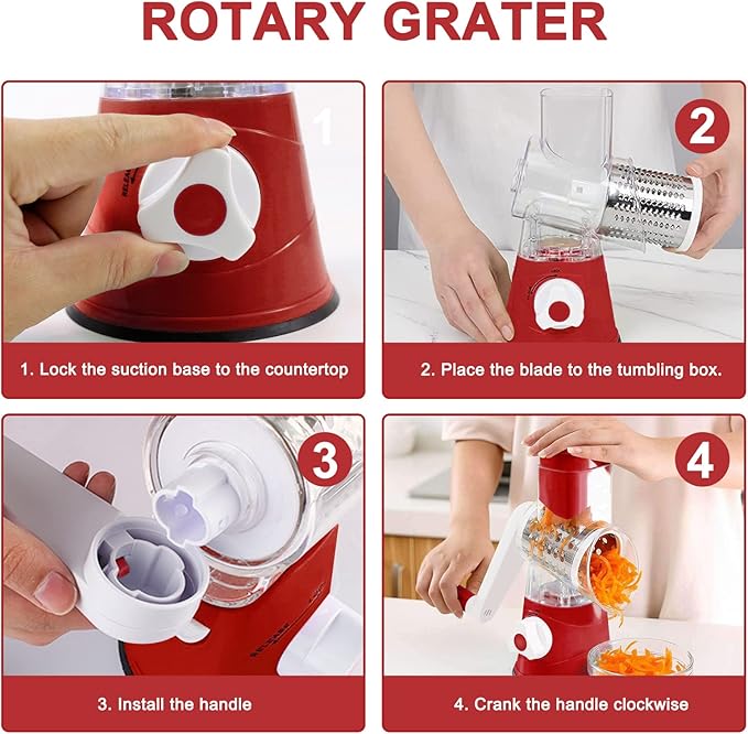 3rd Generation Rotary Cheese Grater, Mandoline Vegetable Slicer with 3 Replacement Blades, Easy to Clean Rotary Shredder for Fruit, Vegetables, Red